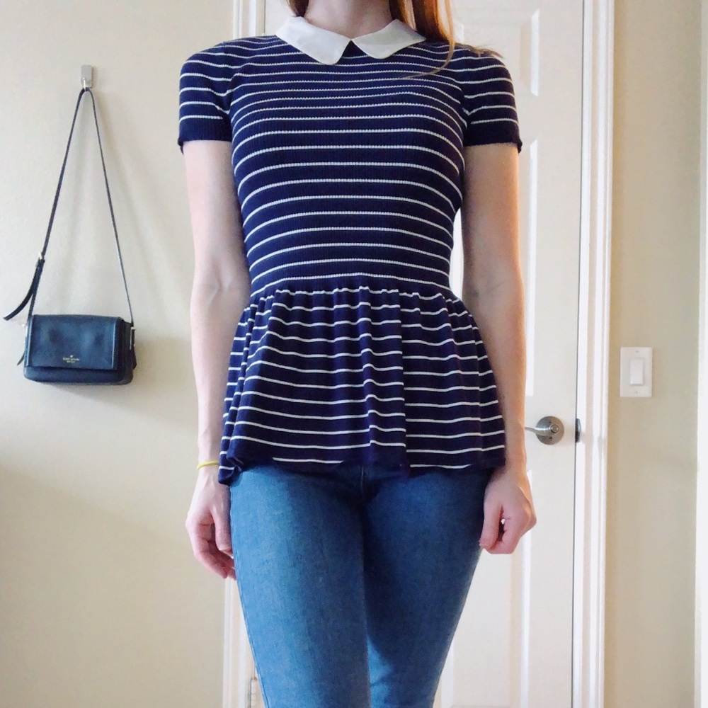 Navy Striped Peplum Top Size XS